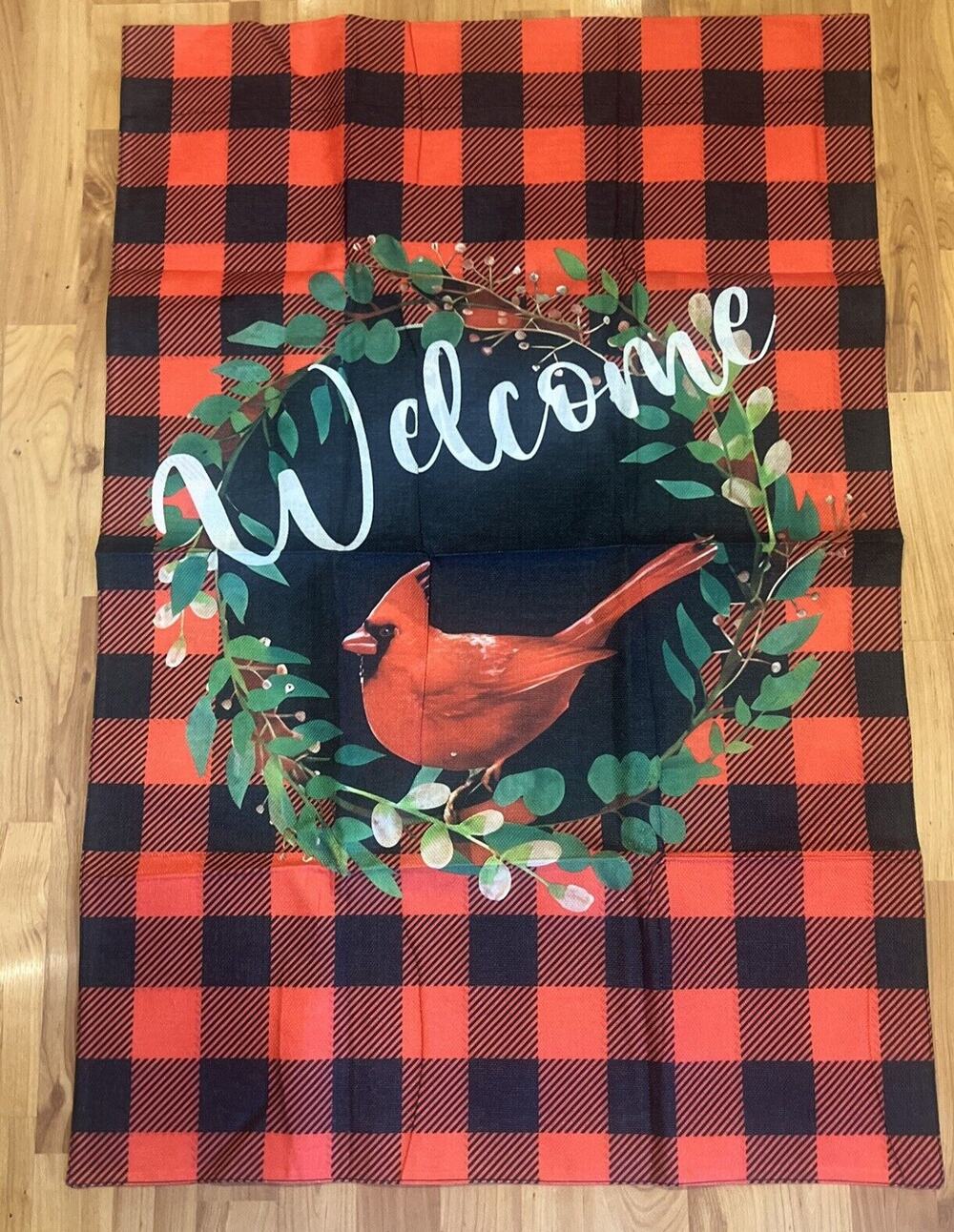 Welcome 27X41” Winter Buffalo Check Cardinal Double Sided Garden Flag NWOT
